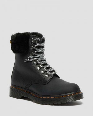 Black Dr. Martens 1460 Serena Collar Faux Fur Lined Lace Up Boots | ONGUA2395