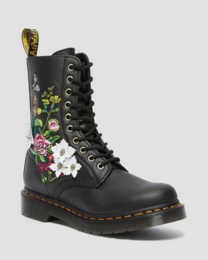 Black Dr. Martens 1490 Floral Bloom Leather Mid-Calf Boots | WHRIA7612