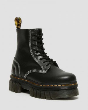 Black Dr. Martens Audrick White Stitch Leather Platform Lace Up Boots | XJAHC2468