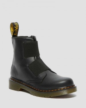 Black Dr. Martens Junior 1460 Elastic Leather Lace Up Boots | ZOCEJ3210