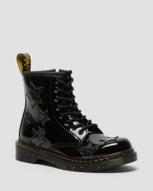 Black Dr. Martens Junior 1460 Glitter Star Patent Lace Up Boots | ANWHO1962