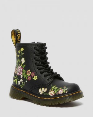 Black Dr. Martens Toddler 1460 Floral Leather Lace Up Boots | FYKAO1245