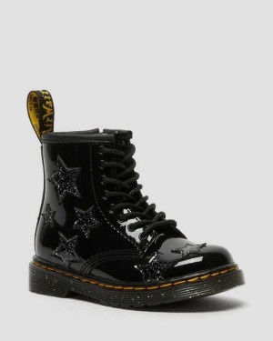 Black Dr. Martens Toddler 1460 Glitter Star Patent Lace Up Boots | EMJAU0862