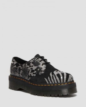 Black / Grey Dr. Martens 1461 Animal Clash Leather & Suede Platform Shoes | IVOBM6827