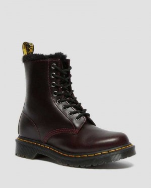 Burgundy Dr. Martens 1460 Serena Faux Fur Lined Lace Up Boots | ZDIEN7860