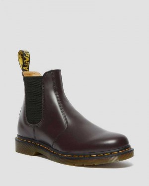 Burgundy Dr. Martens 2976 Yellow Stitch Smooth Leather Chelsea Boots | HQLSK9781