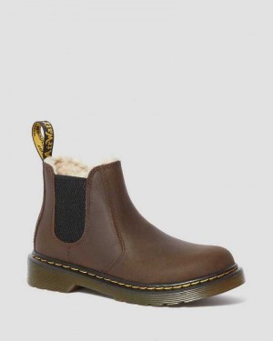 Dark Brown Dr. Martens Junior 2976 Faux Fur Lined Chelsea Boots | CJDEN4671