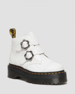 White Dr. Martens Devon Flower Buckle Leather Platform Boots | CZXYG6087