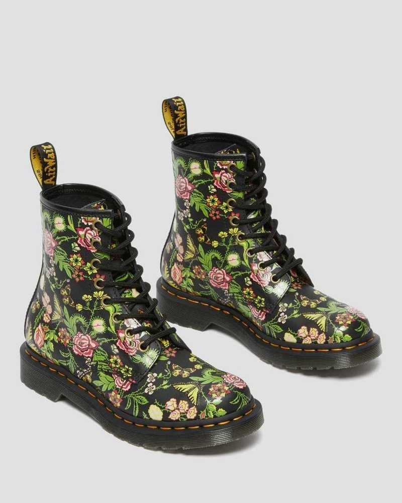 Black Dr. Martens 1460 Floral Bloom Leather Lace Up Boots | COMPI3016