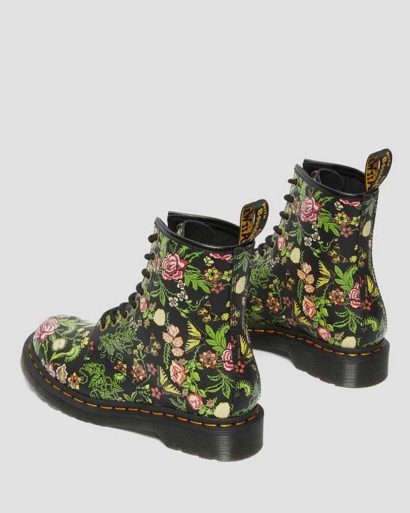 Black Dr. Martens 1460 Floral Bloom Leather Lace Up Boots | COMPI3016