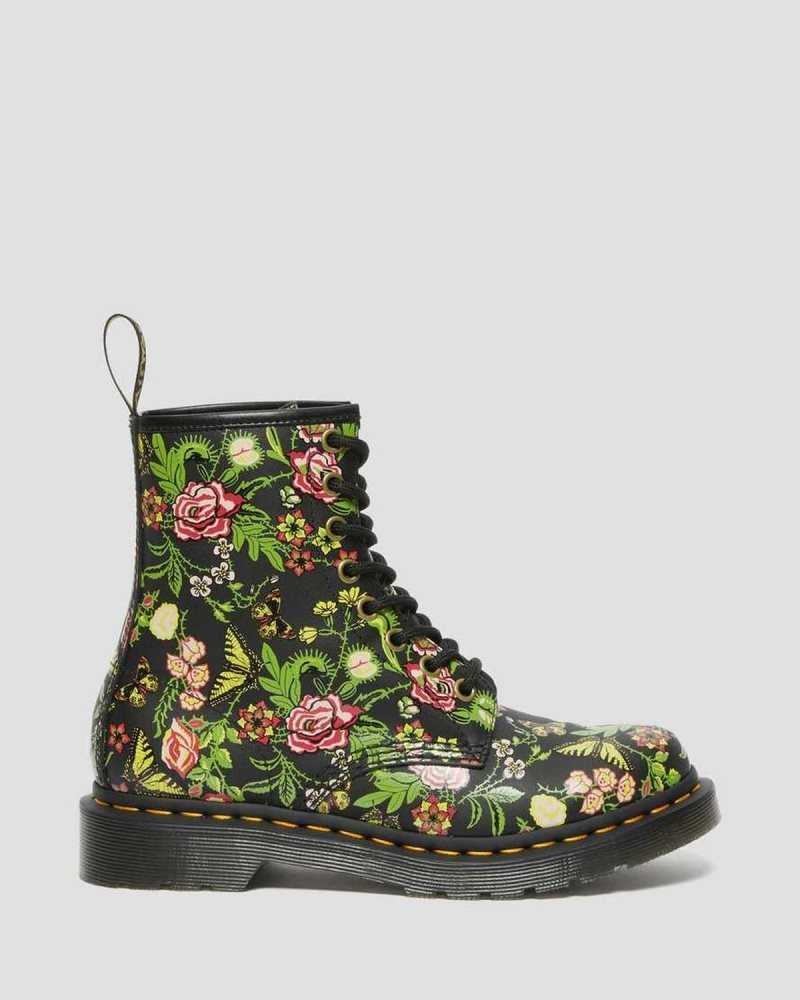 Black Dr. Martens 1460 Floral Bloom Leather Lace Up Boots | COMPI3016