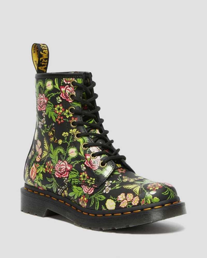 Black Dr. Martens 1460 Floral Bloom Leather Lace Up Boots | COMPI3016