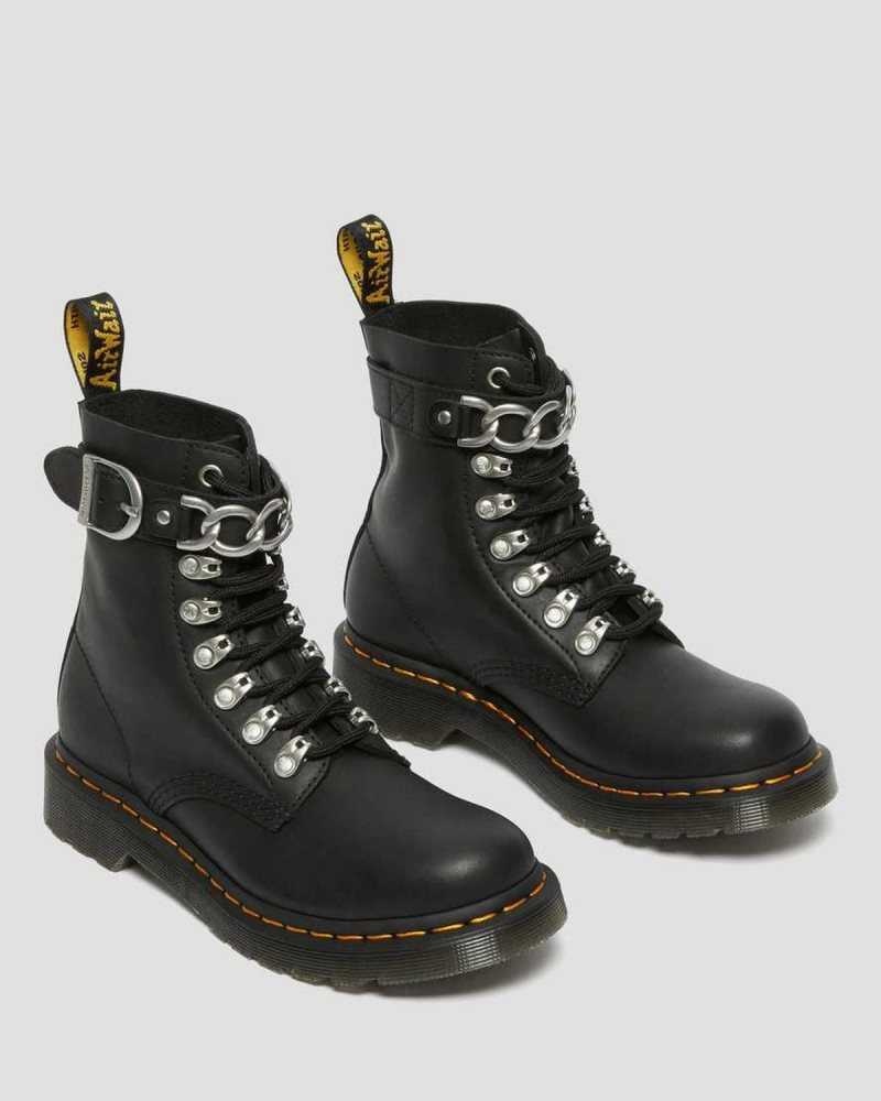 Black Dr. Martens 1460 Pascal Chain Leather Lace Up Boots | DLYUO5908