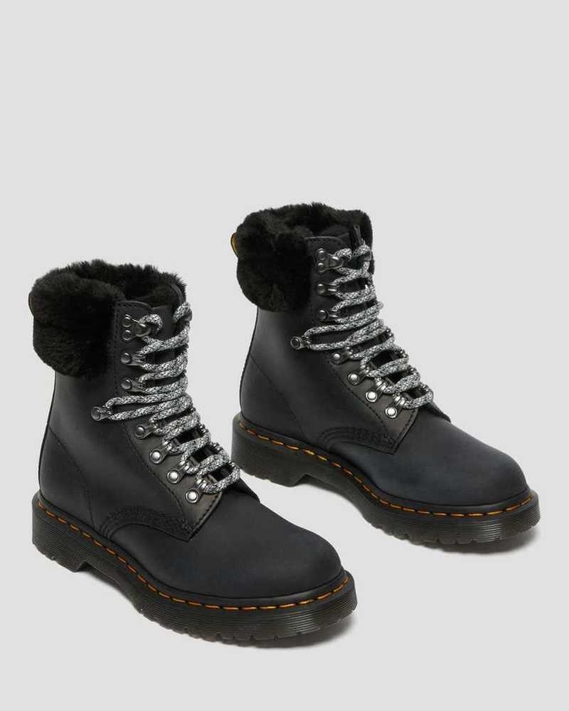 Black Dr. Martens 1460 Serena Collar Faux Fur Lined Lace Up Boots | FSZUA3951