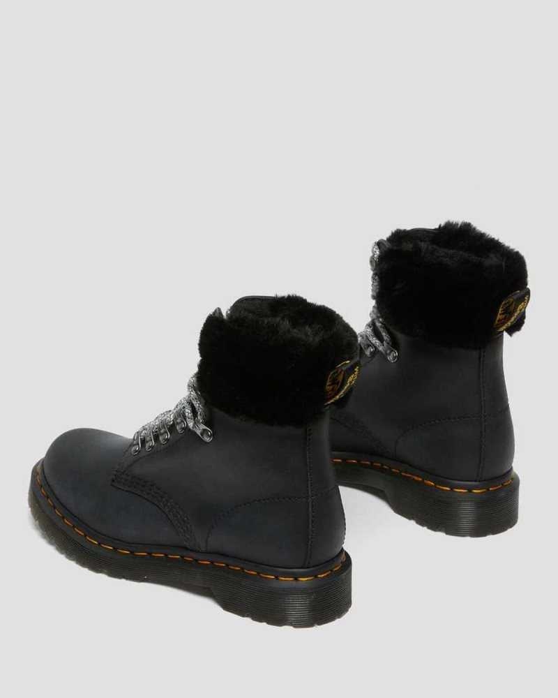 Black Dr. Martens 1460 Serena Collar Faux Fur Lined Lace Up Boots | FSZUA3951