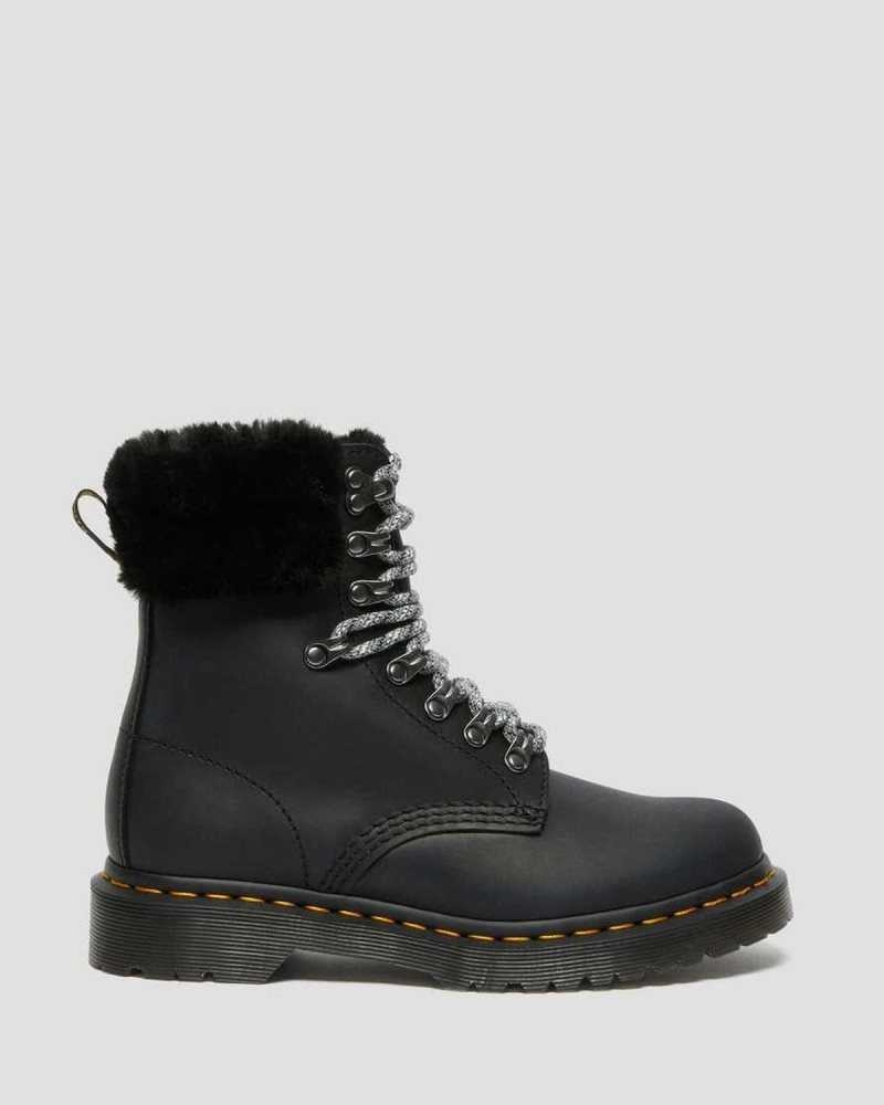 Black Dr. Martens 1460 Serena Collar Faux Fur Lined Lace Up Boots | FSZUA3951