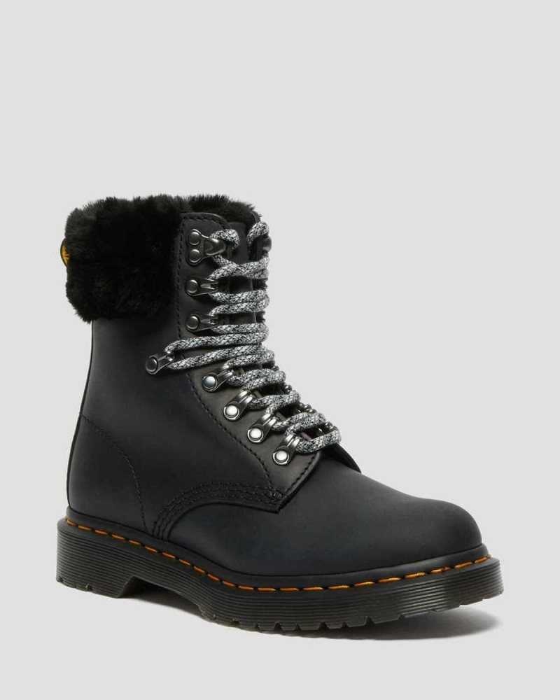 Black Dr. Martens 1460 Serena Collar Faux Fur Lined Lace Up Boots | FSZUA3951