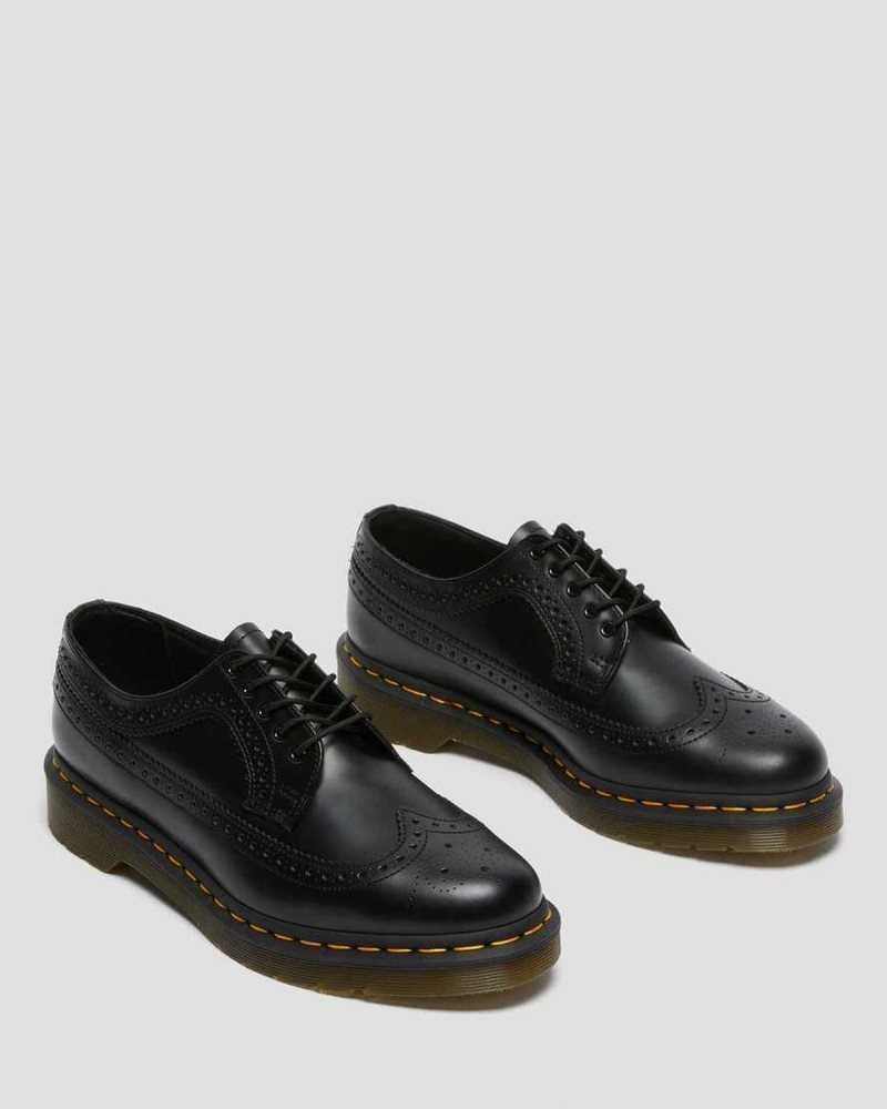 Black Dr. Martens 3989 Yellow Stitch Smooth Leather Brogue Shoes | CURJB4893