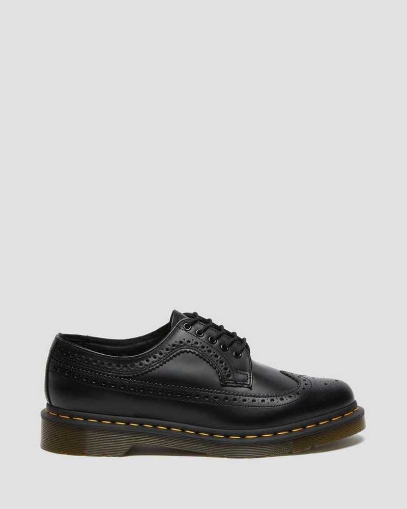 Black Dr. Martens 3989 Yellow Stitch Smooth Leather Brogue Shoes | CURJB4893