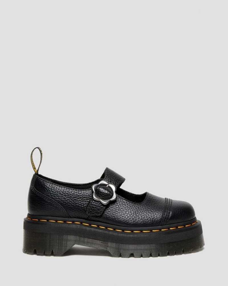 Black Dr. Martens Addina Flower Buckle Leather Platform Shoes | MYGCB9085