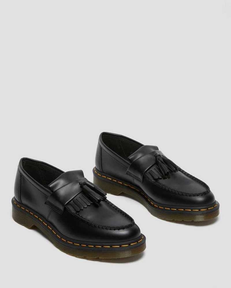 Black Dr. Martens Adrian Yellow Stitch Leather Tassel Loafers | GFYJZ6045