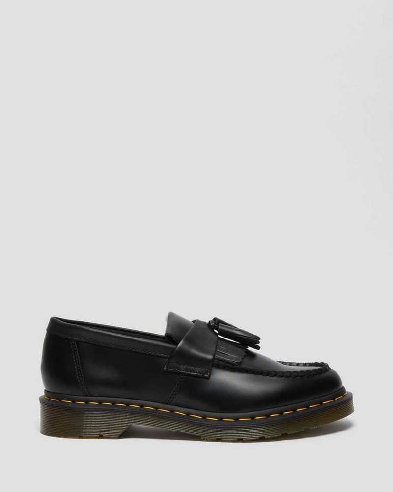 Black Dr. Martens Adrian Yellow Stitch Leather Tassel Loafers | GFYJZ6045