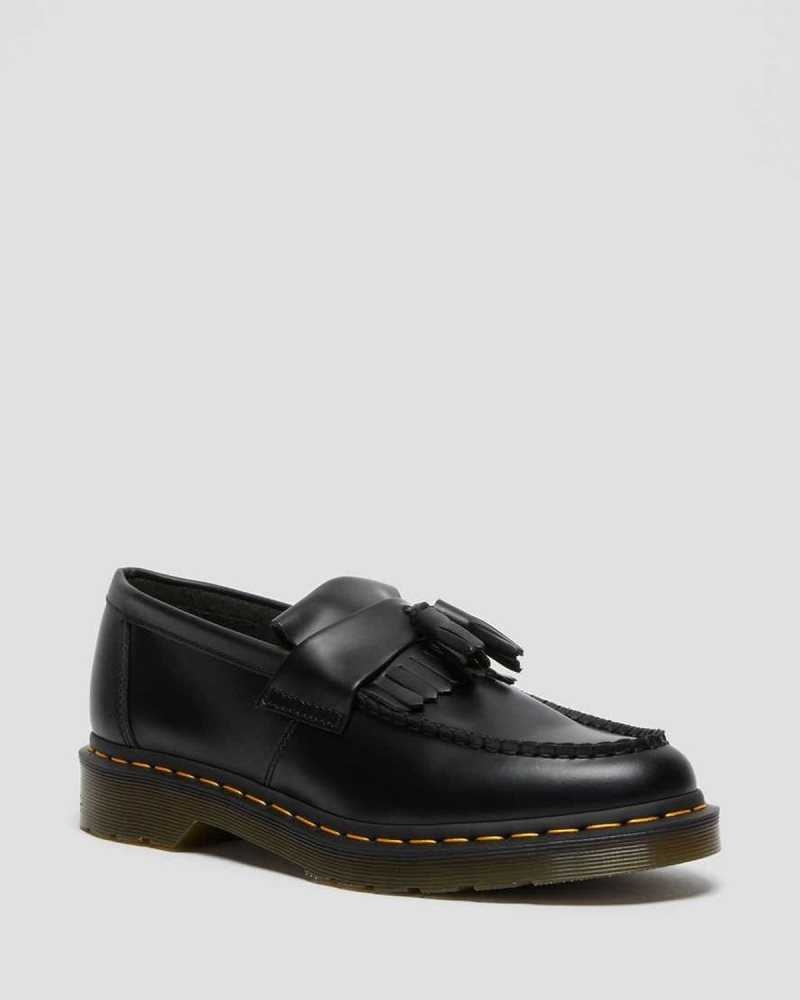 Black Dr. Martens Adrian Yellow Stitch Leather Tassel Loafers | GFYJZ6045