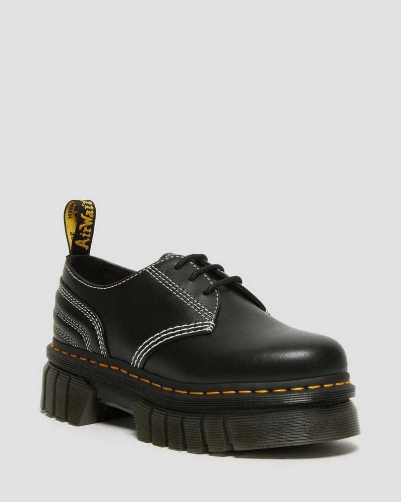 Black Dr. Martens Audrick White Stitch Leather Platform Shoes | BWNTK3798