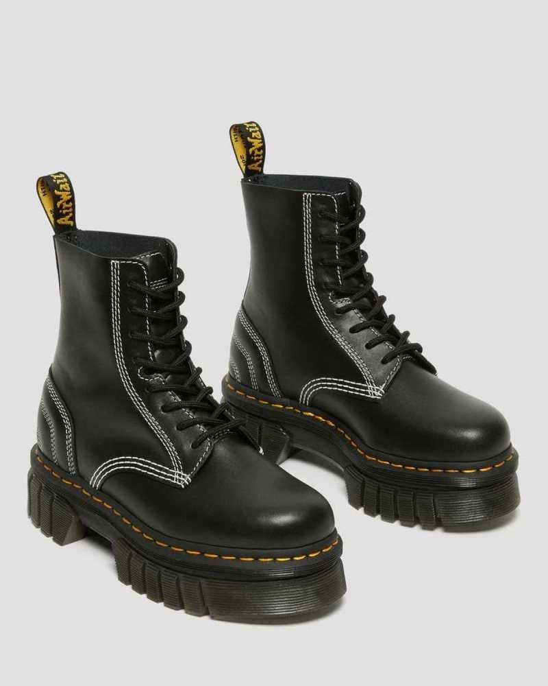 Black Dr. Martens Audrick White Stitch Leather Platform Lace Up Boots | VPQYE4856