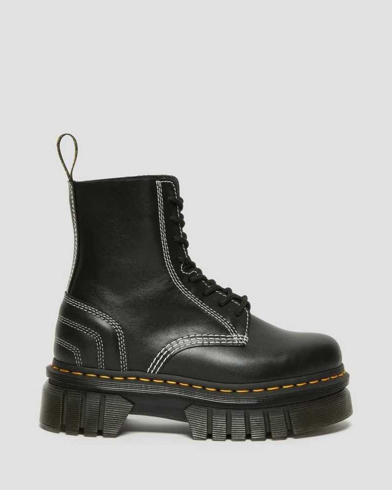 Black Dr. Martens Audrick White Stitch Leather Platform Lace Up Boots | VPQYE4856