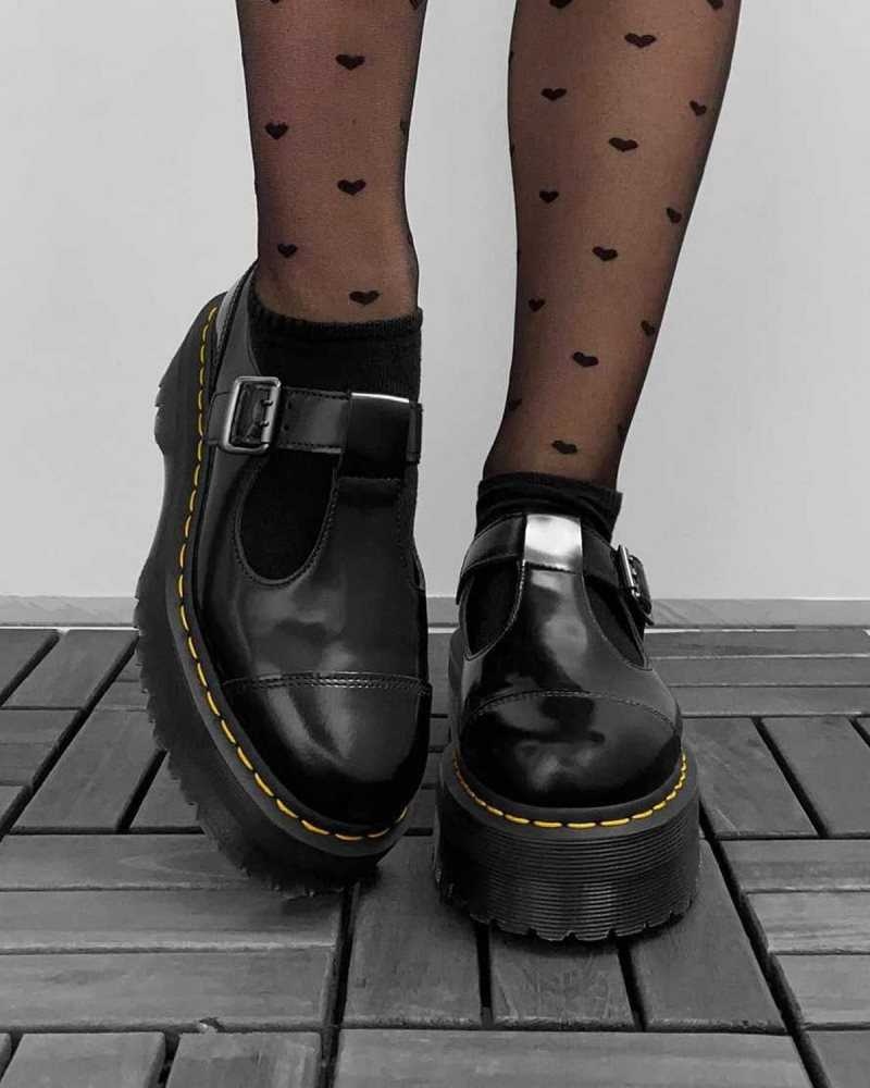 Black Dr. Martens Bethan Polished Smooth Leather Platform Shoes | URCBF2546