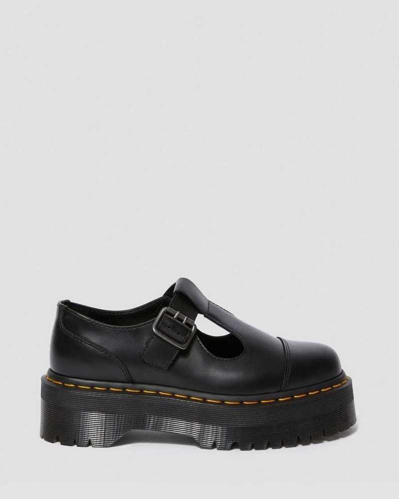 Black Dr. Martens Bethan Polished Smooth Leather Platform Shoes | URCBF2546