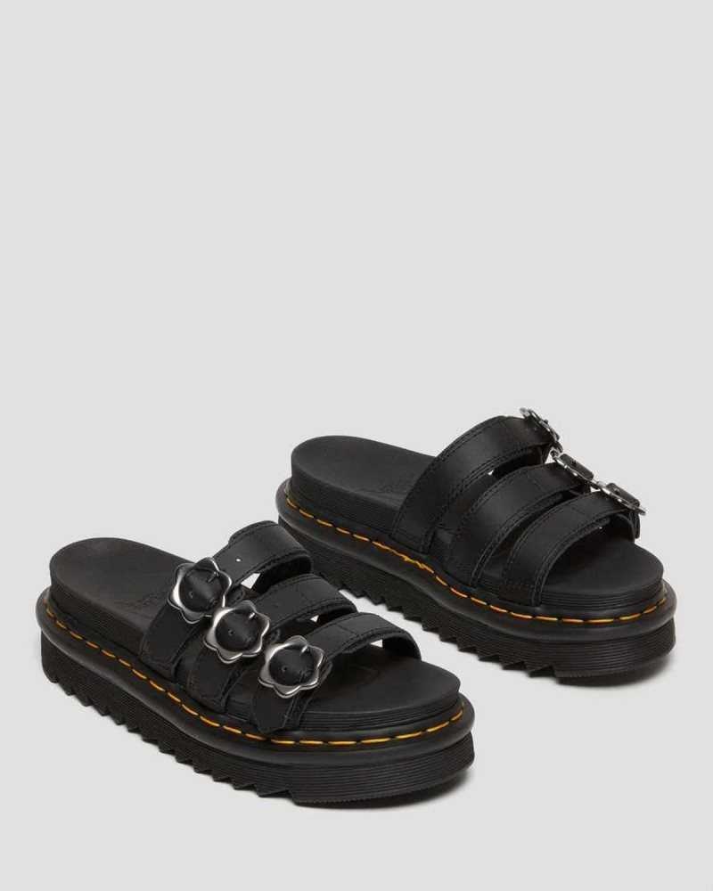 Black Dr. Martens Blaire Flower Buckle Leather Slide Sandals | WDYQE9265