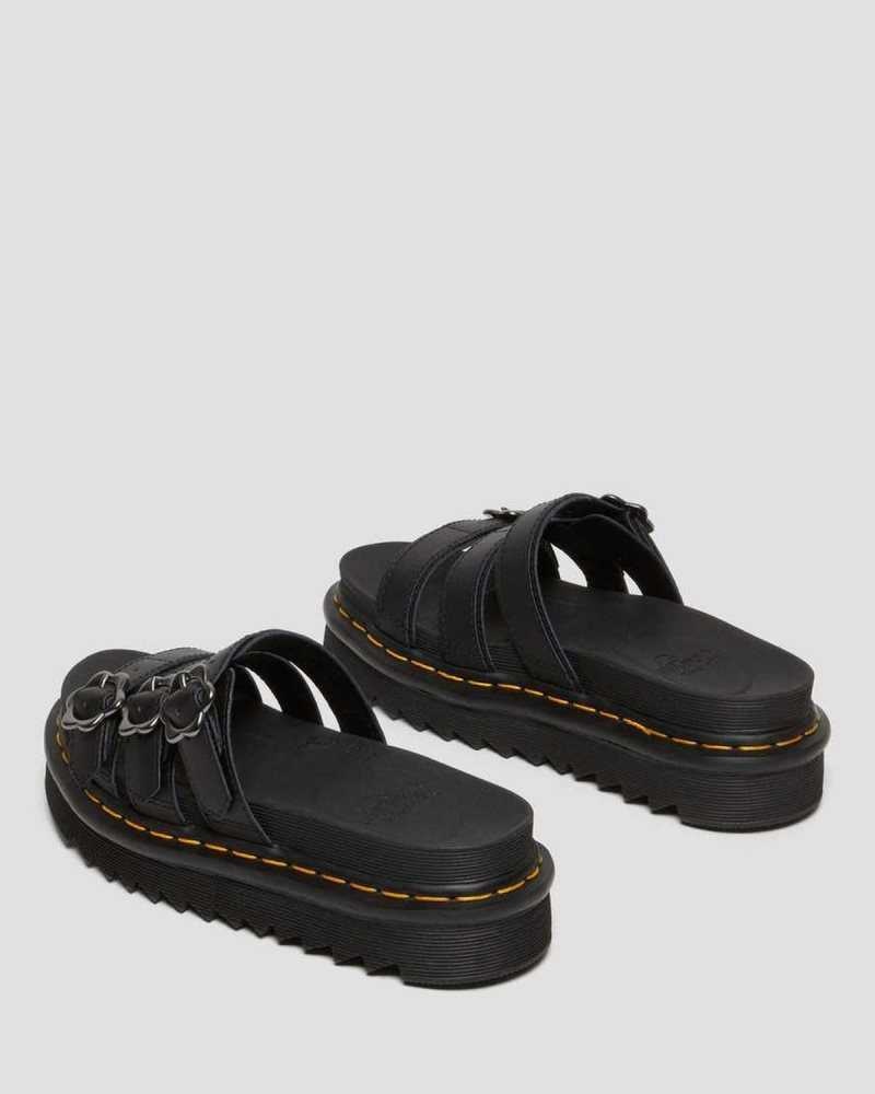 Black Dr. Martens Blaire Flower Buckle Leather Slide Sandals | WDYQE9265