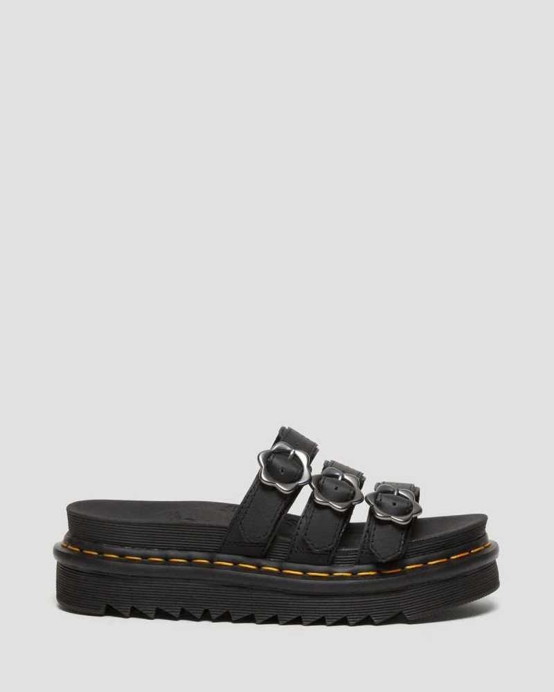 Black Dr. Martens Blaire Flower Buckle Leather Slide Sandals | WDYQE9265