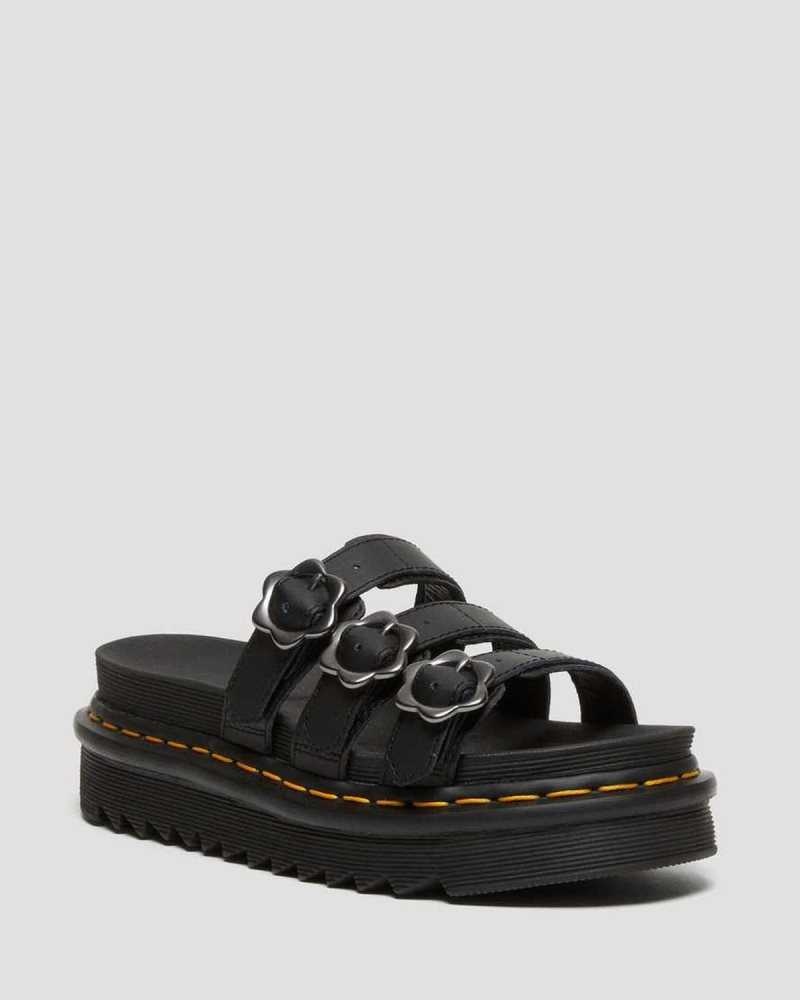 Black Dr. Martens Blaire Flower Buckle Leather Slide Sandals | WDYQE9265