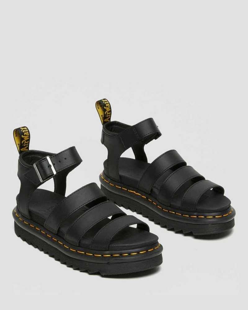 Black Dr. Martens Blaire Hydro Leather Strap Sandals | FWYPG4306