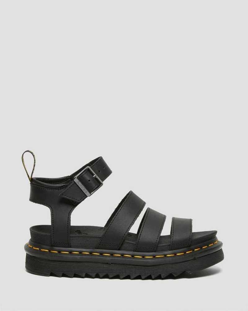 Black Dr. Martens Blaire Hydro Leather Strap Sandals | FWYPG4306