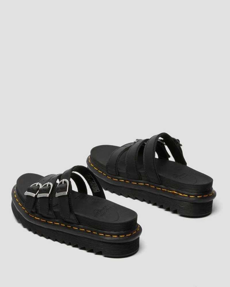 Black Dr. Martens Blaire Leather Slide Sandals | HEPOL9102