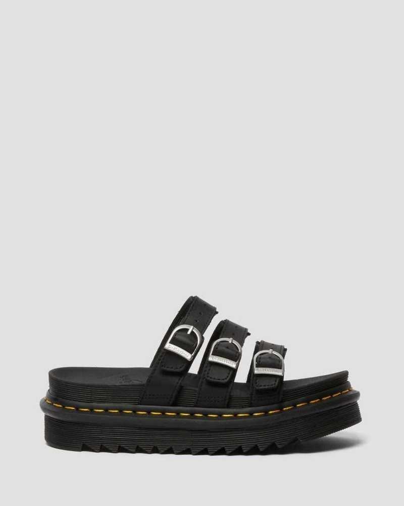 Black Dr. Martens Blaire Leather Slide Sandals | HEPOL9102