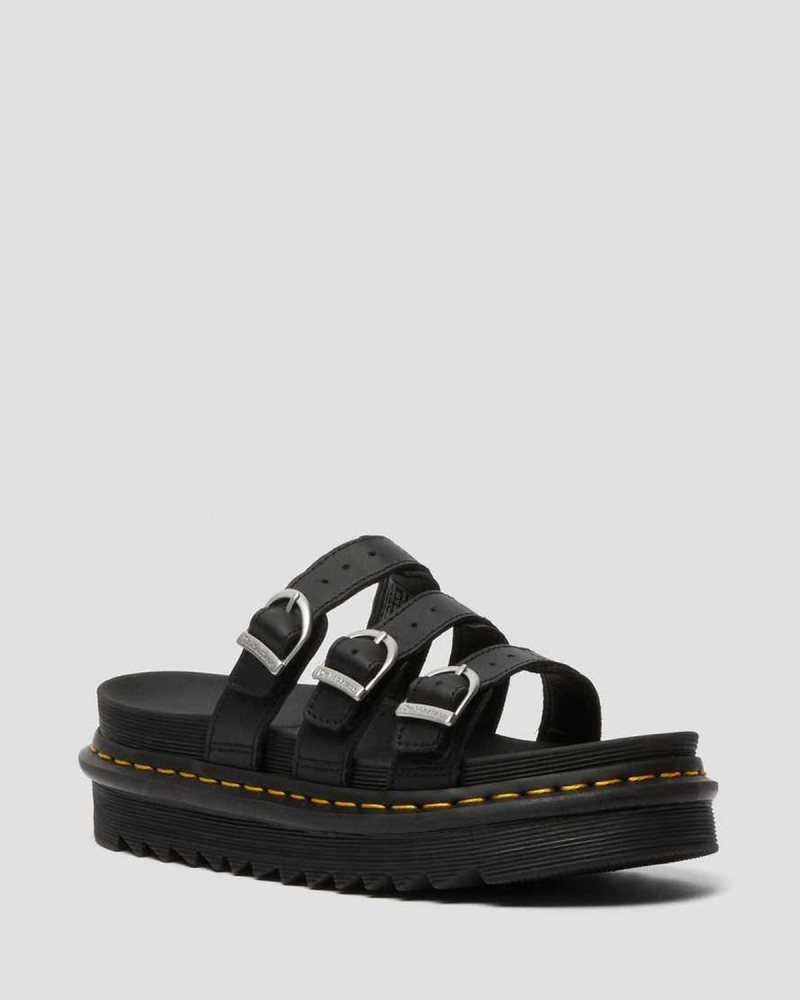 Black Dr. Martens Blaire Leather Slide Sandals | ABIKR8046