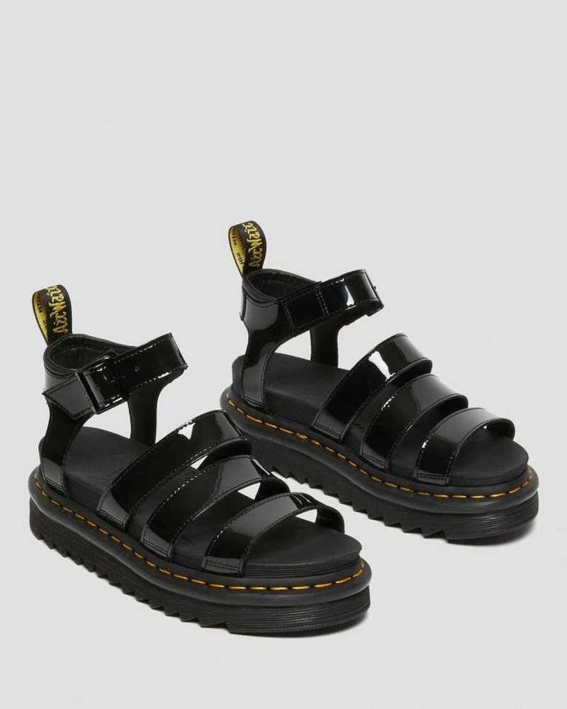 Black Dr. Martens Blaire Patent Leather Strap Sandals | OAGLQ1674