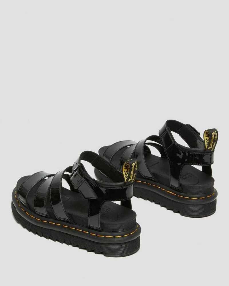 Black Dr. Martens Blaire Patent Leather Strap Sandals | OAGLQ1674