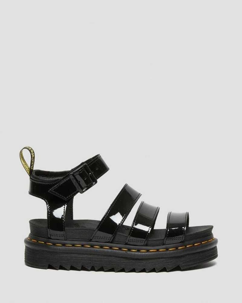 Black Dr. Martens Blaire Patent Leather Strap Sandals | OAGLQ1674