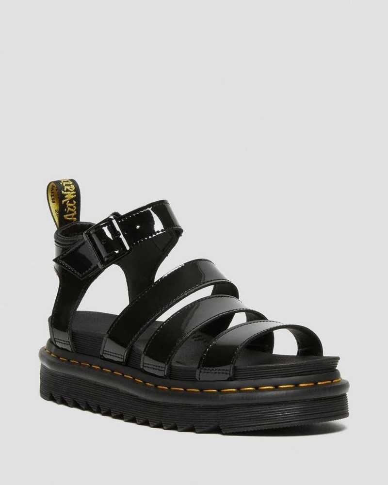 Black Dr. Martens Blaire Patent Leather Strap Sandals | OAGLQ1674