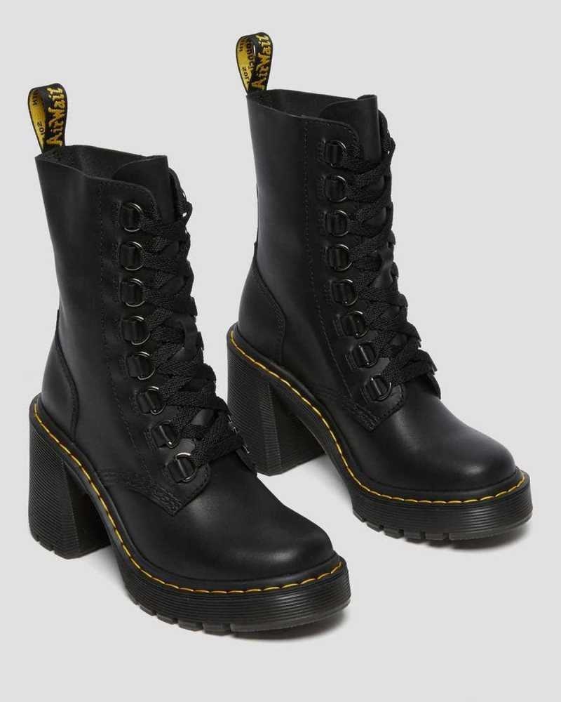 Black Dr. Martens Chesney Leather Flared Heel Lace Up Boots | KUHYW6280