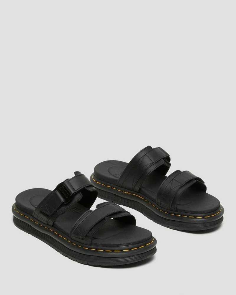 Black Dr. Martens Chilton Leather Slide Sandals | AOJIX7608