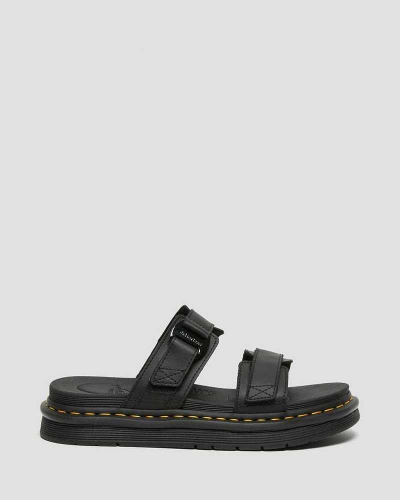 Black Dr. Martens Chilton Leather Slide Sandals | AOJIX7608