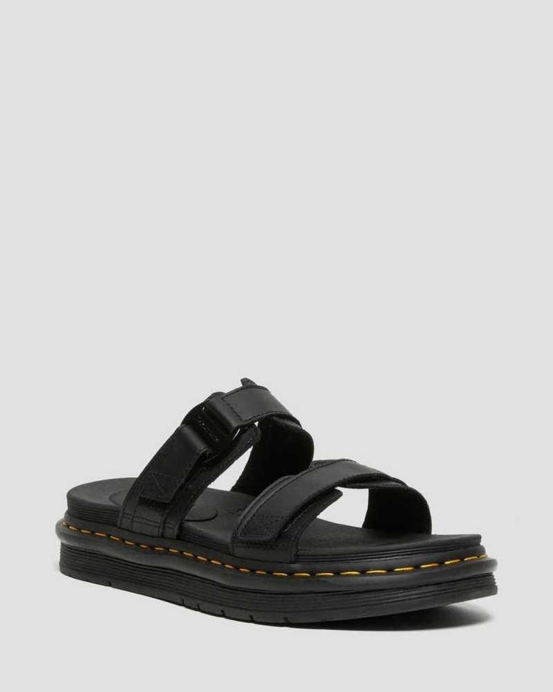 Black Dr. Martens Chilton Leather Slide Sandals | AOJIX7608