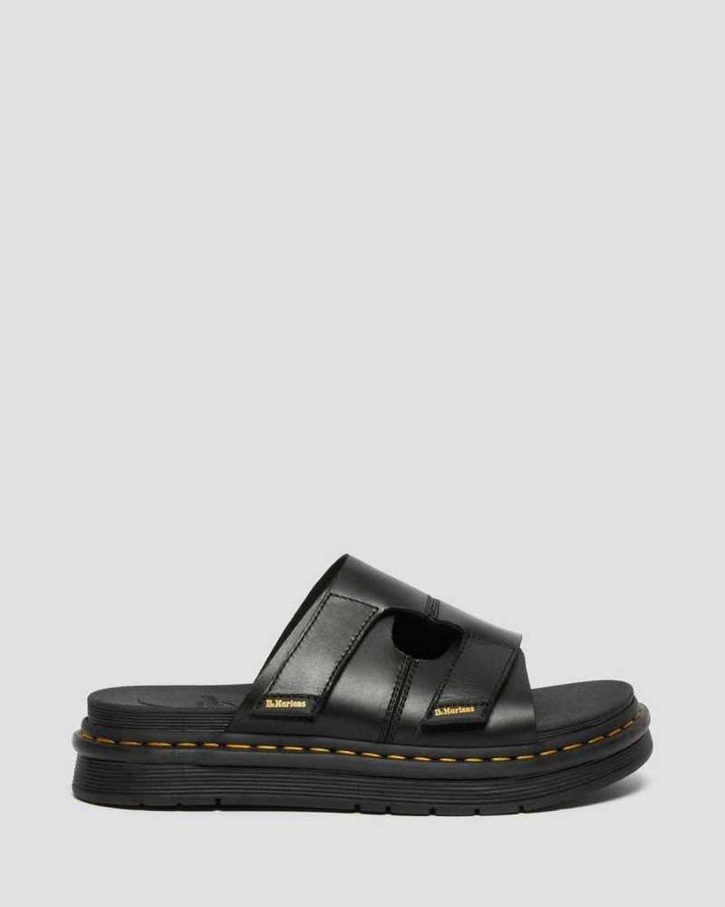 Black Dr. Martens Daxton Leather Slide Sandals | XZRCG1674